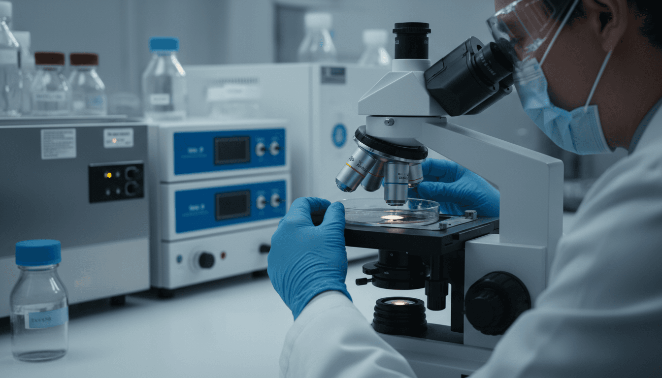Biotech researcher examining cell culture sample in Cellicure laboratory