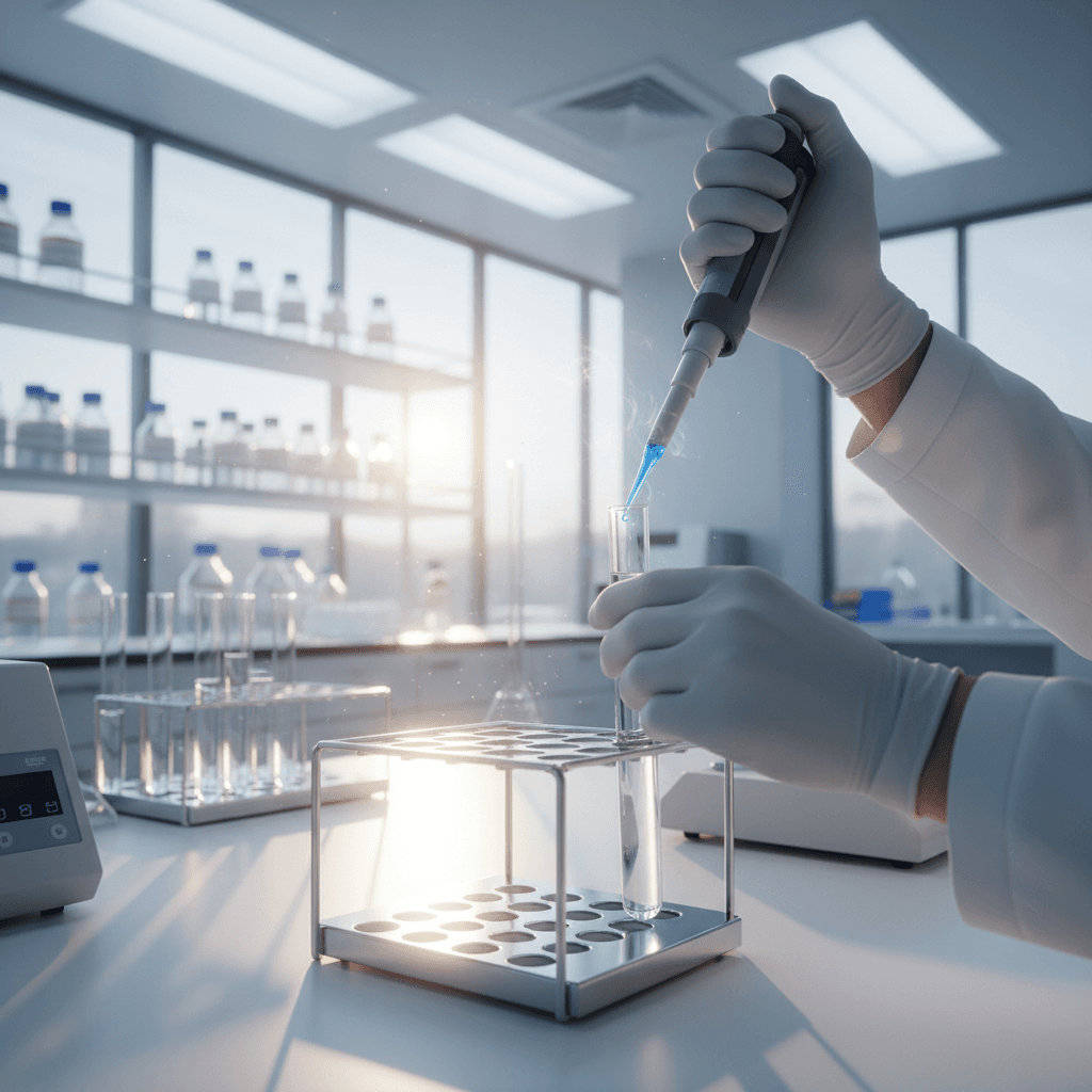 Researcher handling cell cultures with precision in laboratory setting