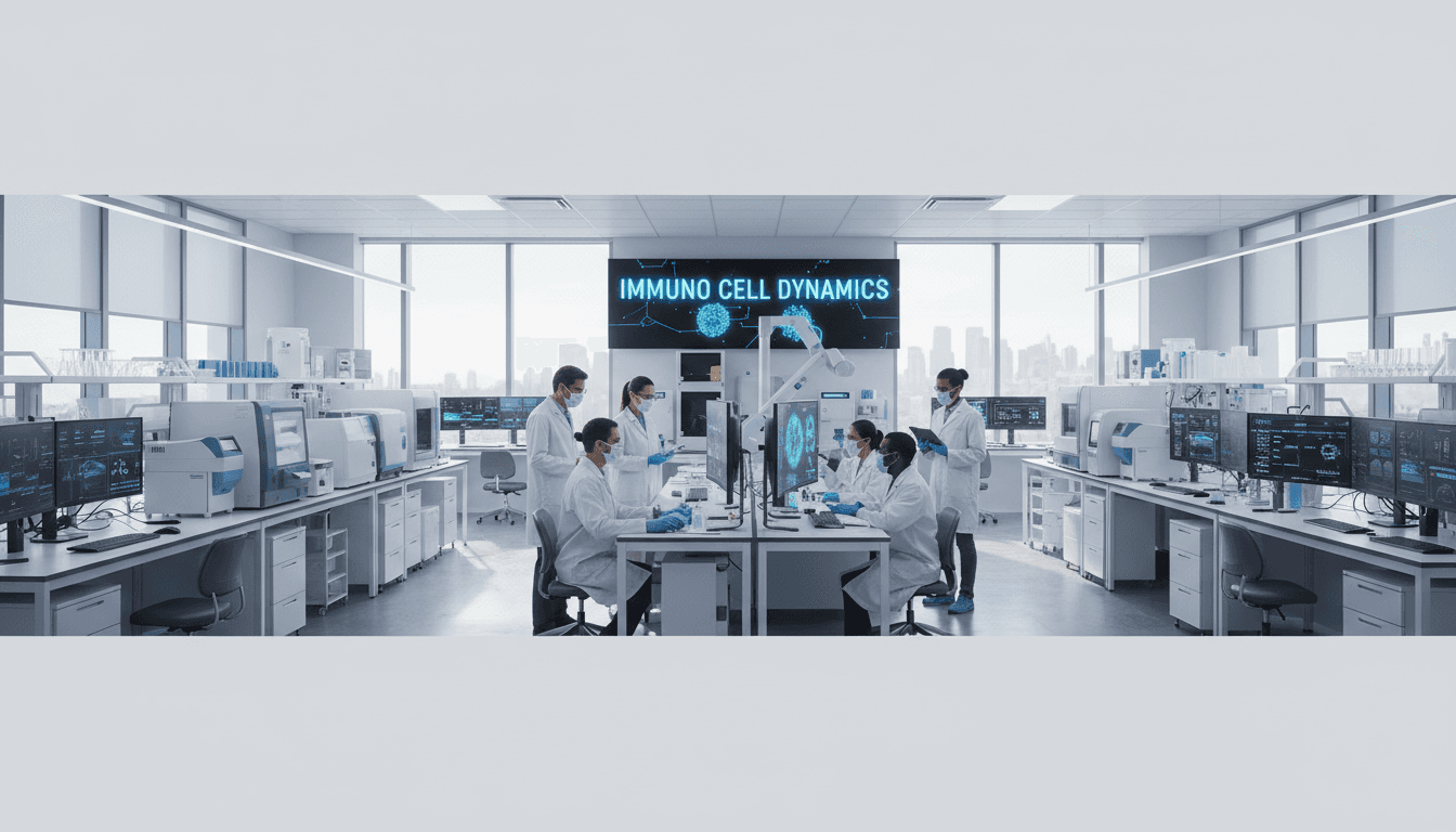 Modern biotech laboratory with cell culture equipment and scientist reviewing data