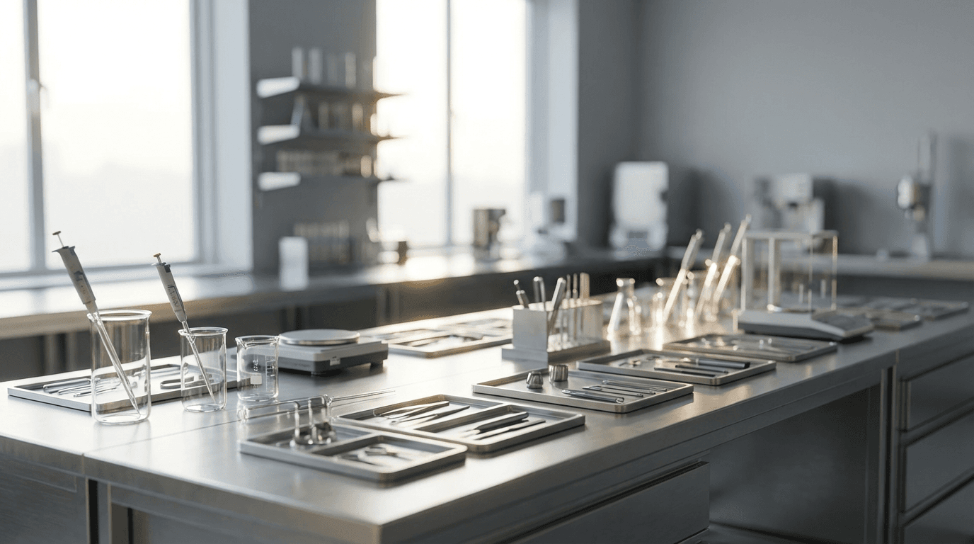 Organized biotech laboratory workstation with cell expansion equipment