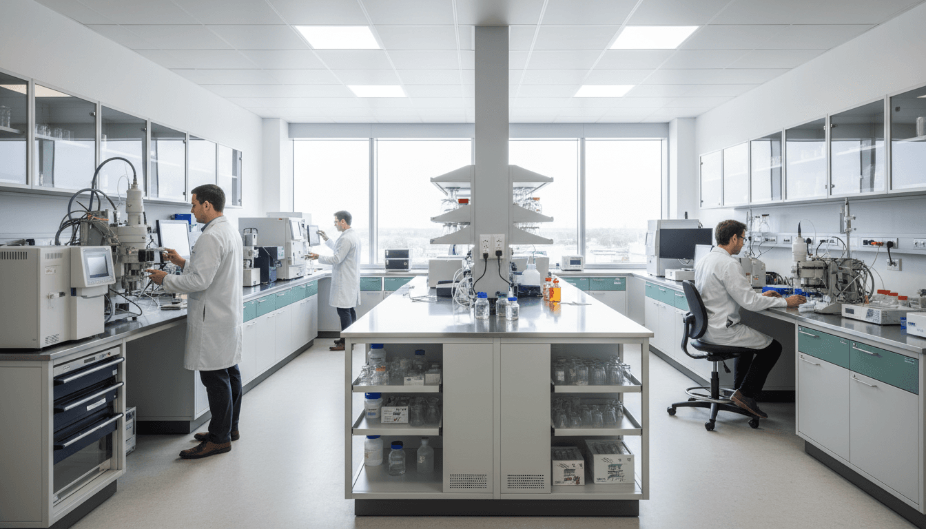 Active biotech laboratory with researchers conducting simultaneous immunotherapy research